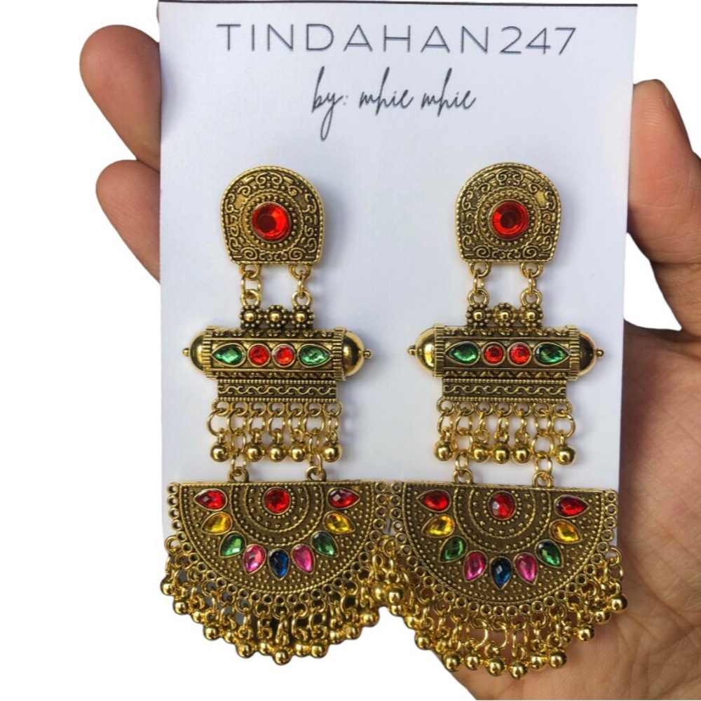 Beautiful Gold‎ Ancient Asian Chandelier Mixed Gemstones Earrings  Women